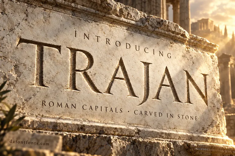 Trajan font poster: Roman capitals carved into a marble slab with cinematic light