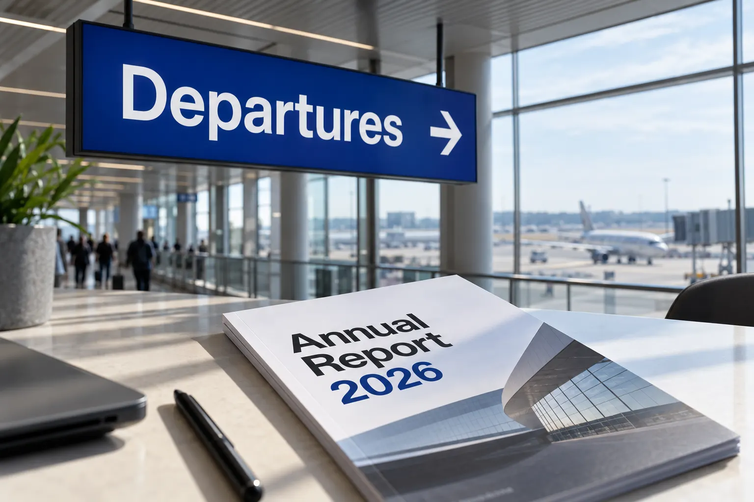 Univers style type on a blue wayfinding sign and an annual report cover